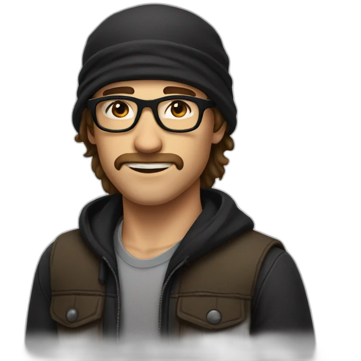 a guy with long brown hair, a black bandana on head, and rectangular glasses.  emoji