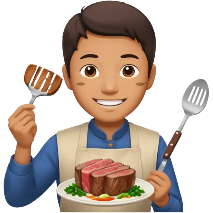Japanese man holds in hands steak preparing to eat with lovely sight emoji