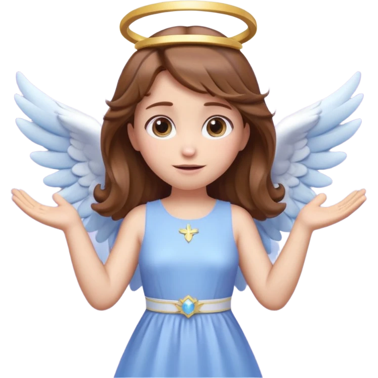 Cute 3D angel emoji, brown hair, glowing halo, small blue-white wings, pastel purple dress, hands raised, big expressive eyes, soft lighting, glossy texture, Pixar style, high detail emoji