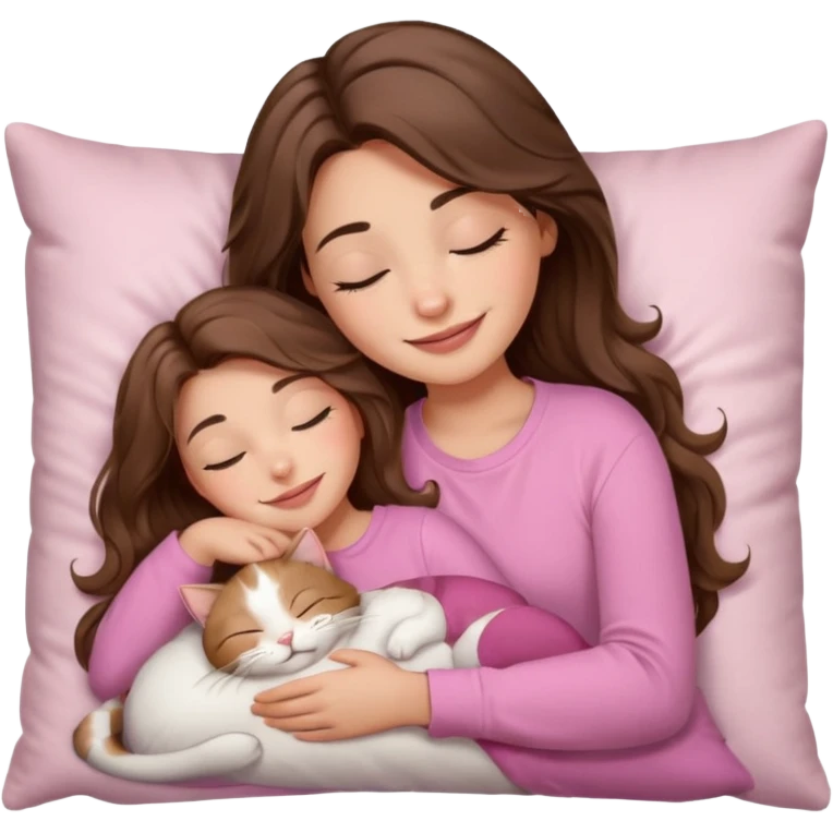girl with wavy long brown hair, brown eyes, light to medium complexion, long lashes, light pink lipstick, smiling, wearing light pink shirt, sleeping on a cozy pillow, cuddling a cat  emoji