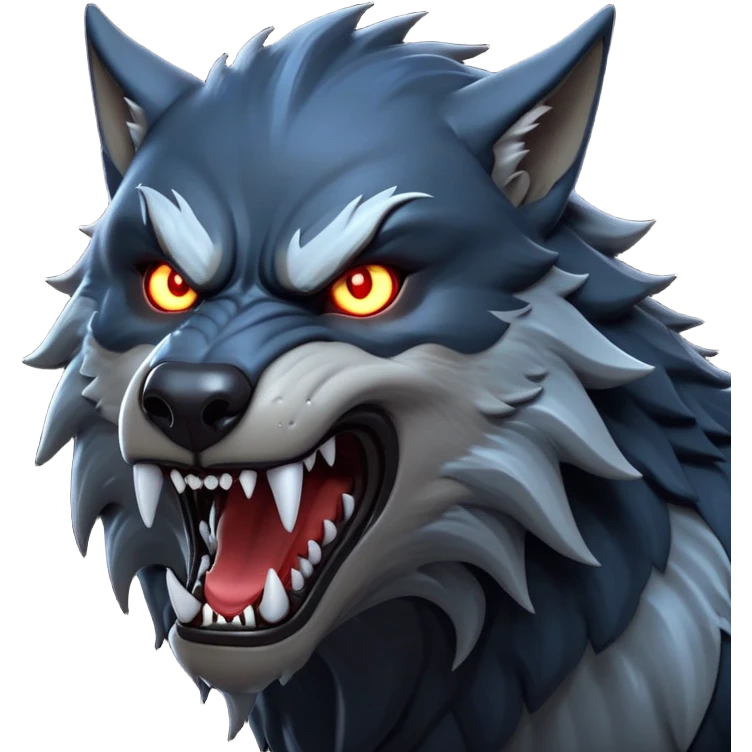 cinematic-noble-fierce-werewolf-head-close-up-emoji, poised-and-imposing, with a fierce wolfish face featuring glowing eyes full of primal ferocity, sharp, elongated fangs and a rugged snout, fur rippling in shades of midnight black and silver, muscles tensed and hunched over in an intense, threatening stance; rendered with realism, capturing the raw, untamed power of the beast beneath the moonlit sky emoji