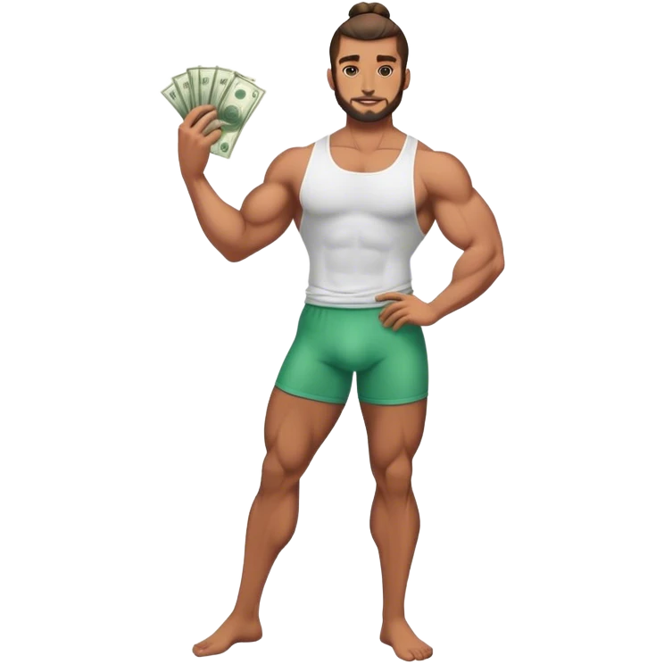 Handsome Brown guy with a glossy man bun , flexing stacks of money , full body.  emoji