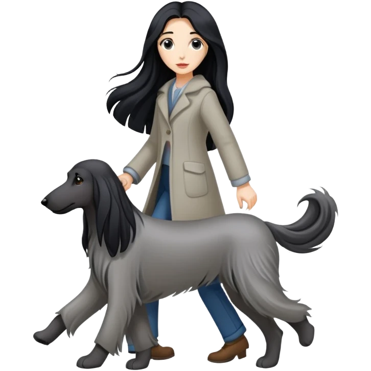 A girl with long black hair walks a gray Afghan hound emoji