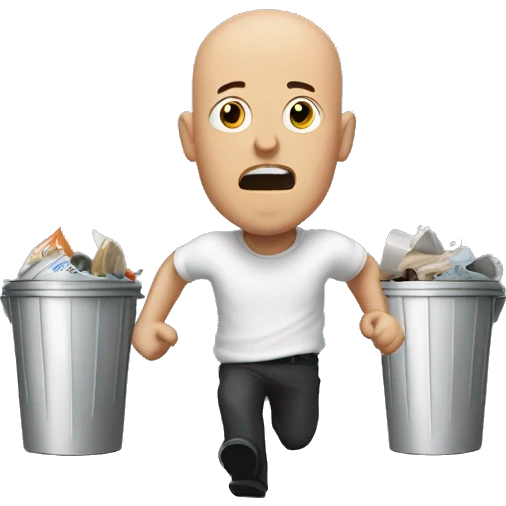 Bald man being chased by sentient trash cans emoji