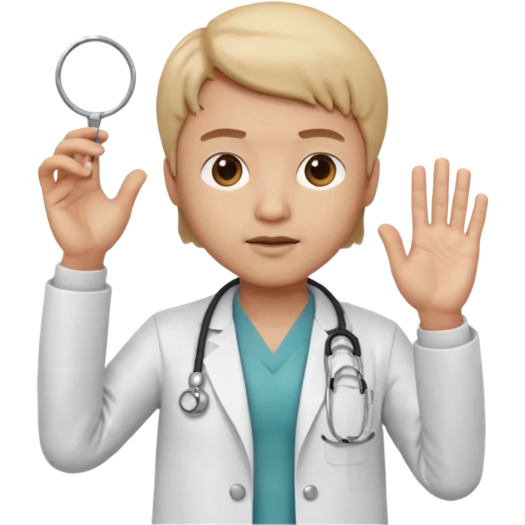 3D memoji doctor, hand raised forward in stop gesture, serious face, educational tone, white coat, stethoscope visible, centered, transparent PNG emoji