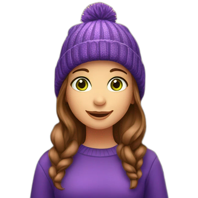 Girl with brown hair and green eyes in front of beautiful Christmas tree in new york city celebrating christmas and wearing a purple beanie emoji