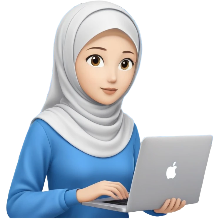 computer engineer with white hijab wearing blue outfit, no glasses, presenting her metaverse creation with a large digital screen behind her displaying virtual worlds and code, laptop open in front of her showing programming interface emoji