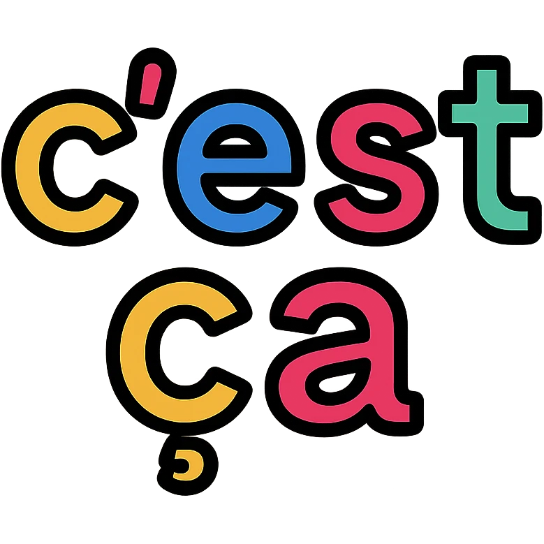 the text 'c'est ça' in color outline icon style, black outlines and colorful letters emoji