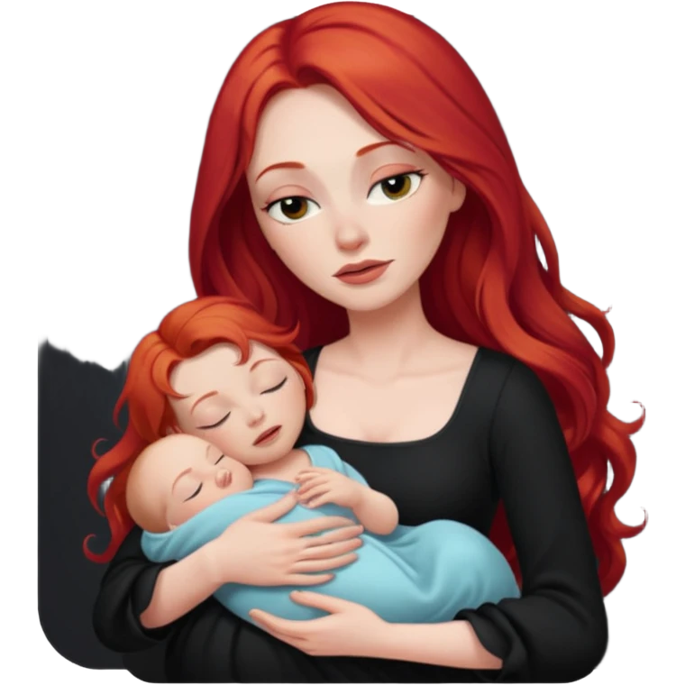 White woman in black dress with long red hair and makeup holding one sleeping baby emoji