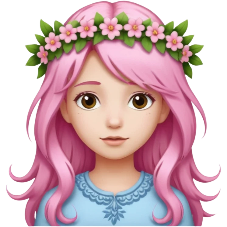 A girl with long light pink hair, wearing a matching pink floral wreath in her hair. emoji