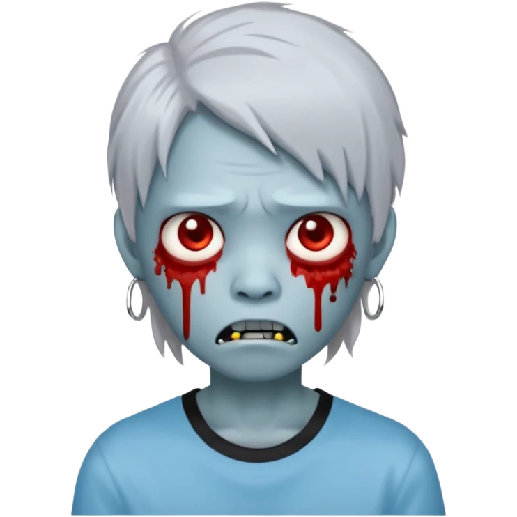 emoji-style avatar with very pale blue-grey zombie skin like , a young Asian face, and large eyes with blood tears. Give it white mullet-style hair, silver hoop earrings, and a simple black T-shirt. The expression should be neutral or slightly angry emoji