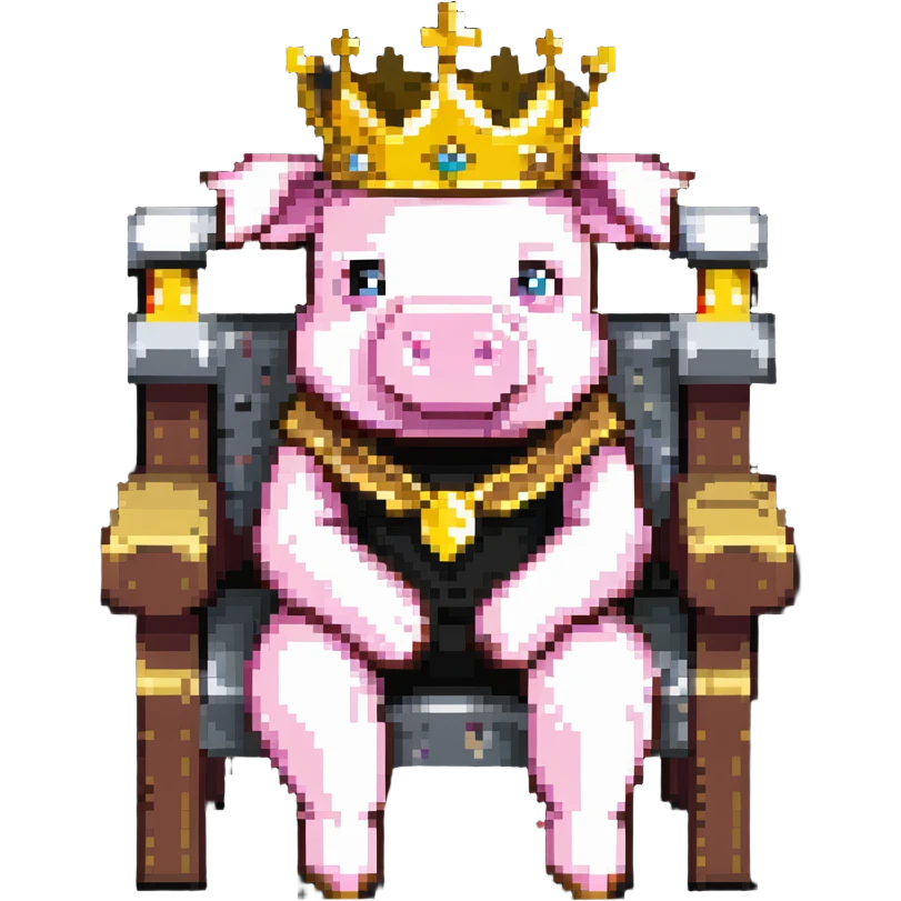 Minecraft style pig with a golden crown sitting on a throne, inspired by Technoblade emoji