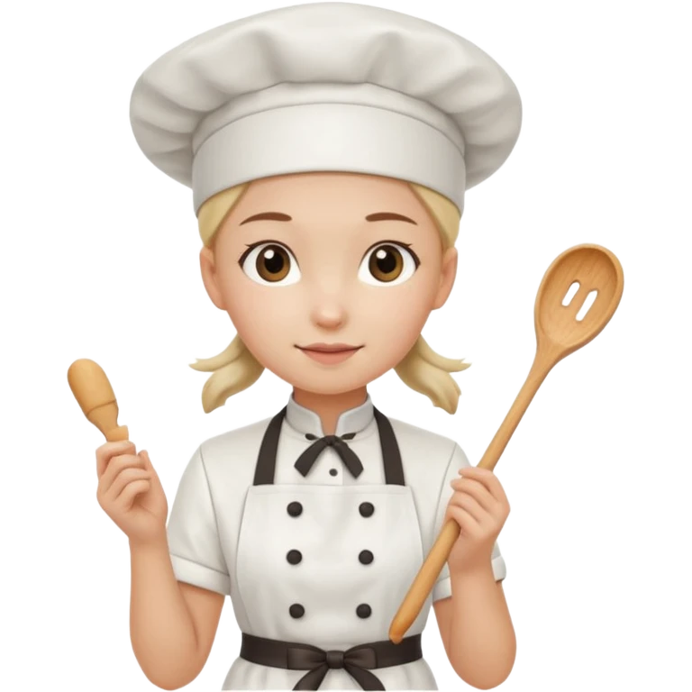 Young female pastry chef - ponytail, apron, wearing a white hat, holding a cream piping bag emoji