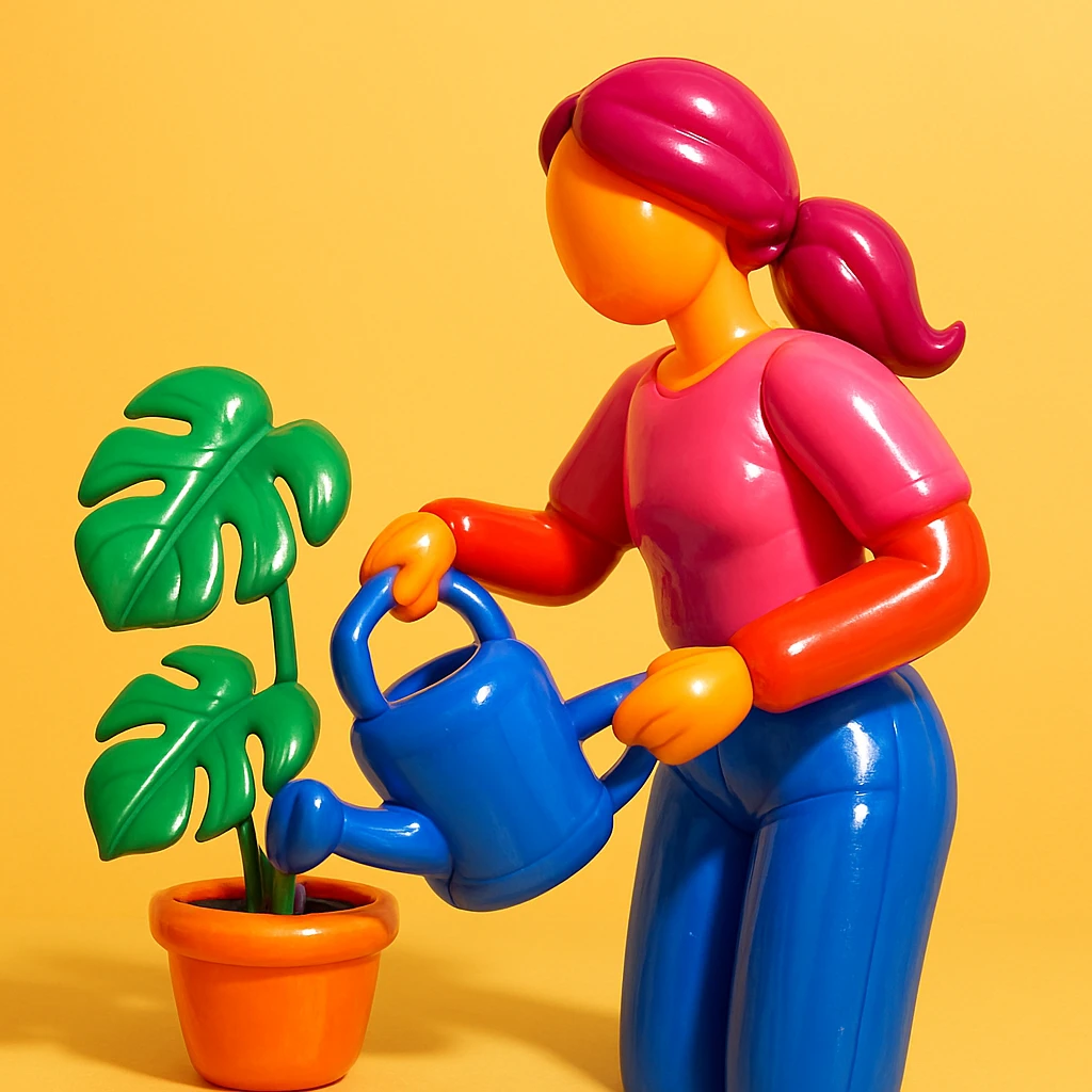 woman watering her monstera plant emoji