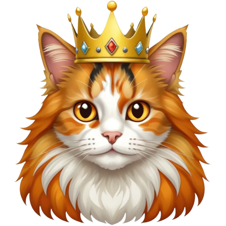 calico maine coon cat with orange, black and white patches wearing a golden crown emoji