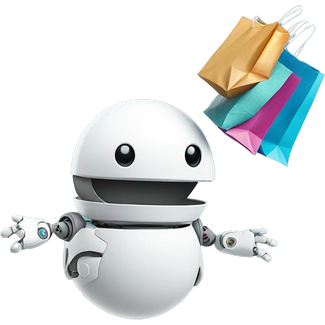 cute white floating spherical happy robot with floating shopping bags emoji