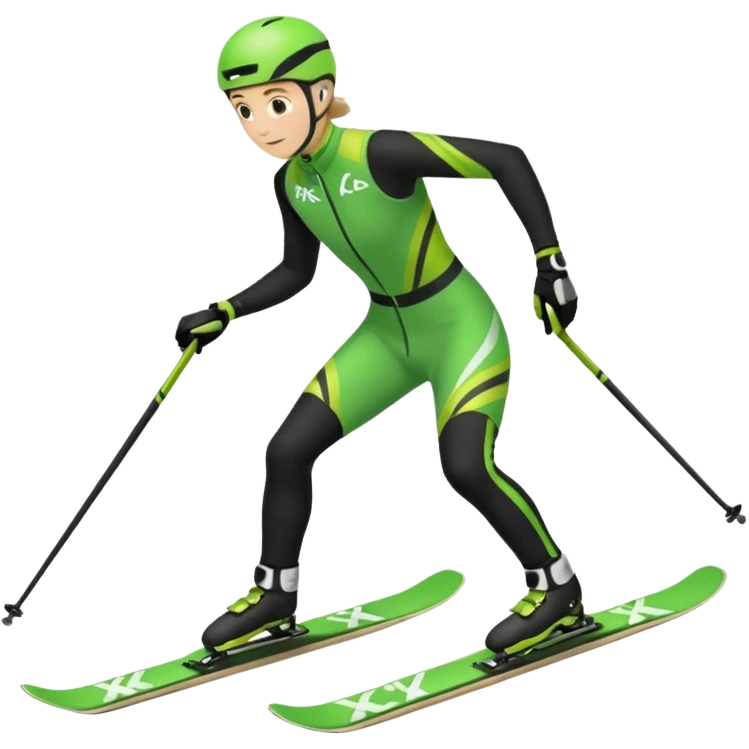 Xc ski racer in green and black clothing. Full body, skate skiing  emoji