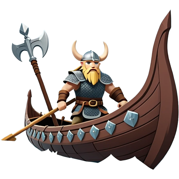 clash-of-clans-aesthetic_-cinematic-viking-longboat, rendered in a flat, bold vector style with minimal shading, featuring a striking dragon-headed prow slicing through icy, churning waters. shields on the side and vikings rowing The longboat’s intricately detailed shields and carved motifs evoke a sense of epic adventure and Nordic might, with billowing sails catching a dramatic, stormy sky backdrop. emoji