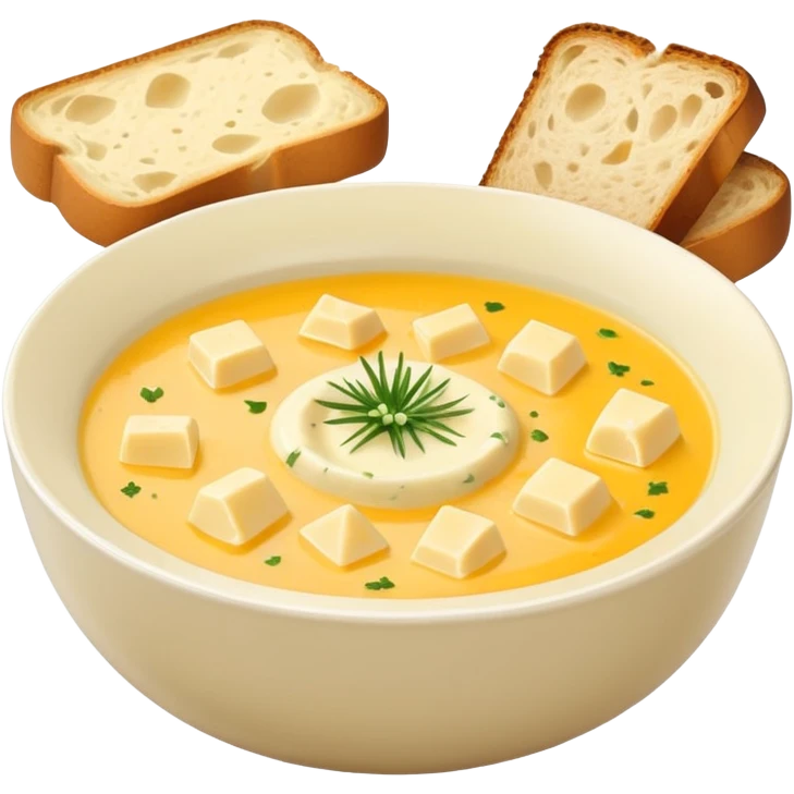 cheese soup with garlic, and cubes of dry dark bread in bowl emoji