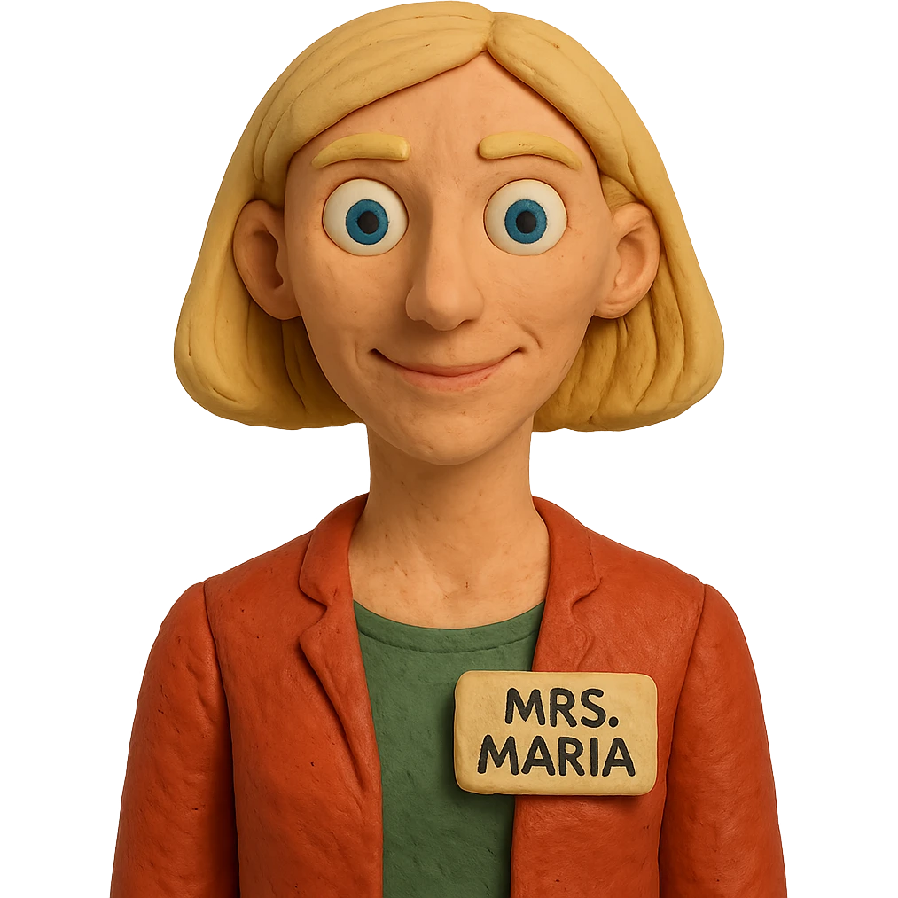 claymation style Mrs. Maria, math and artificial intelligence teacher, no glasses, thin nose, blonde eyebrows, blonde bob hair, blue eyes emoji