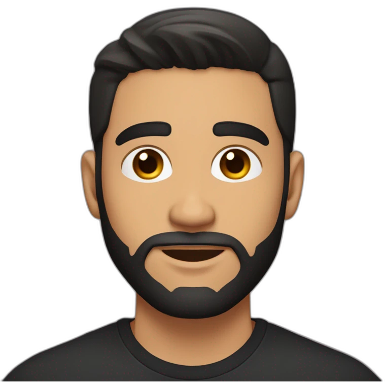 25 year old Hispanic man with a beard and thick eyebrows light skin, black shirt and side fades and a comb over with very dark brown eyes emoji