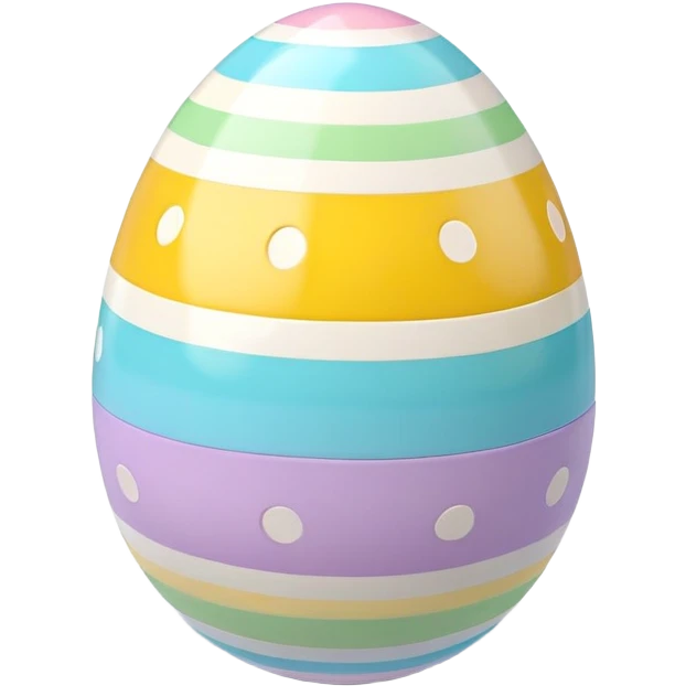 3D emoji of a colorful Easter egg with glossy surface, pastel patterns like stripes and dots. Cute, shiny, high-res style on a white background with soft shadow. emoji