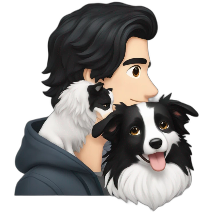 a 30 year old boy with long black hair next to a black and white border collie emoji