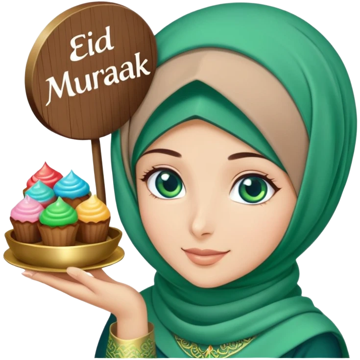 Turkish beautiful finish Konya girl blue eyes with green emerald hijab islamic dress and had on her hand text Eid Mubarak with sweets and celebrating with her friends eid days   emoji