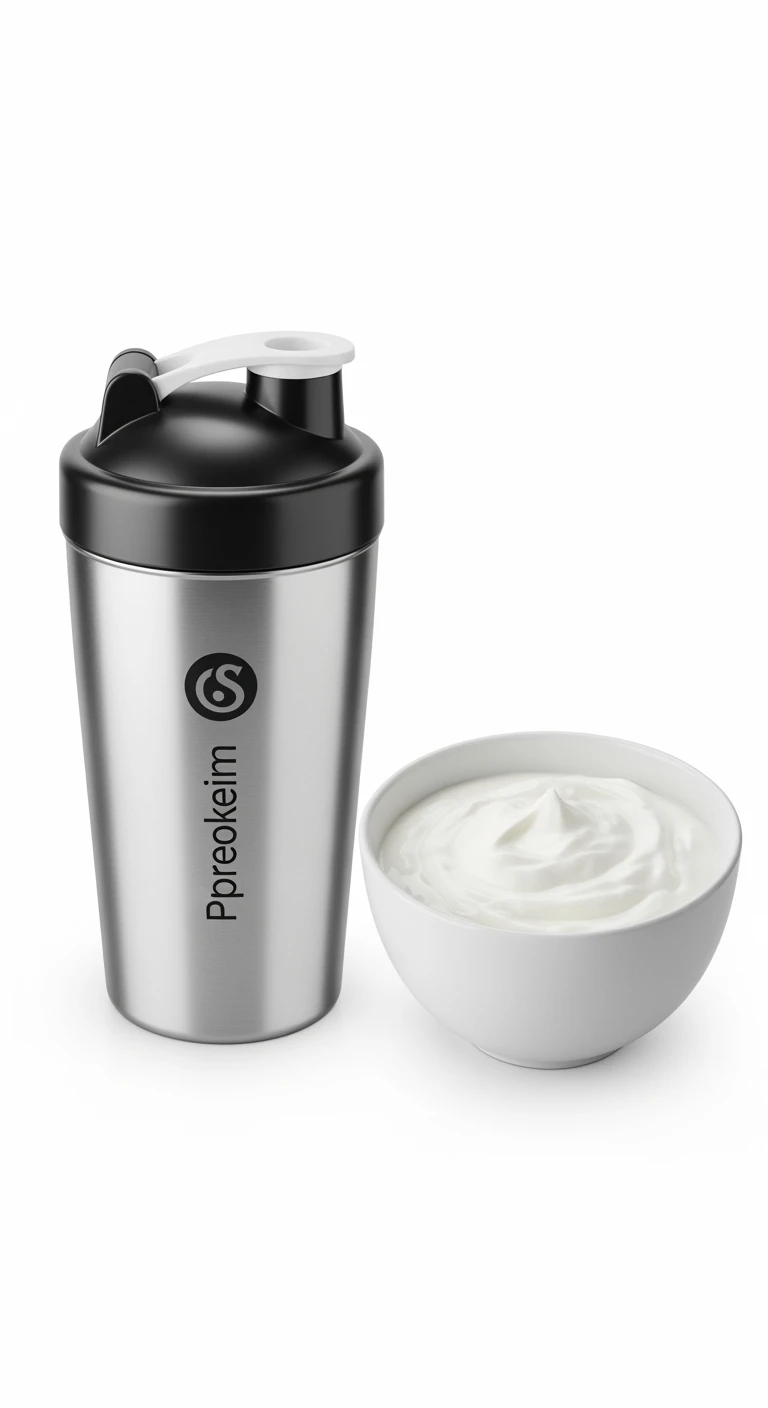 SHAKER PROTEICO E BOWL DI YOGURT GRECO, iperrealistico 4k, ISOLATA SU SFONDO BIANCO emoji