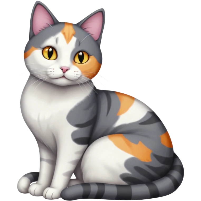 full body large dark grey and white cat cuddling a colourful light patched calico + white tabby cat  emoji