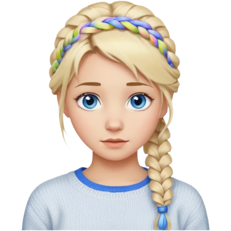 Blonde girl with messy braid in and a white sweater with blue eyes emoji
