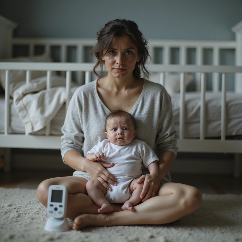 hyperrealistic 4K image of new mother sitting on nursery floor, baby monitor in hand, surrounded by safety devices, dark circles under eyes, worried and exhausted, safe and detailed nursery emoji
