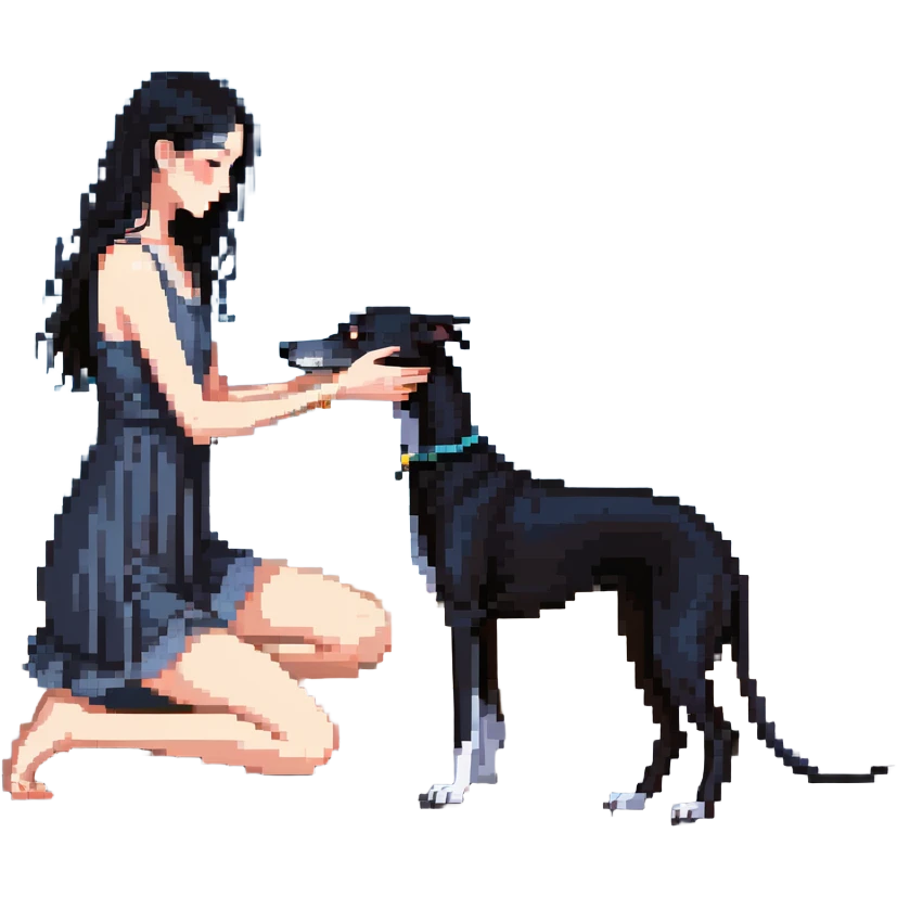 A very beautiful and attractive 25-year-old Japanese woman with long flowing black hair gently petting a SOLID DARK GREY whippet on a beach at night under a starry sky. The woman's hand is lovingly stroking the whippet. The whippet MUST be COMPLETELY SOLID DARK GREY with ABSOLUTELY NO WHITE MARKINGS ANYWHERE - no white chest, no white face, no white paws, no white tip on tail - ENTIRELY ONE SOLID DARK GREY COLOR throughout the entire dog. Deep blue night sky filled with bright stars, moonlight reflecting on the ocean, sandy beach in the foreground. emoji