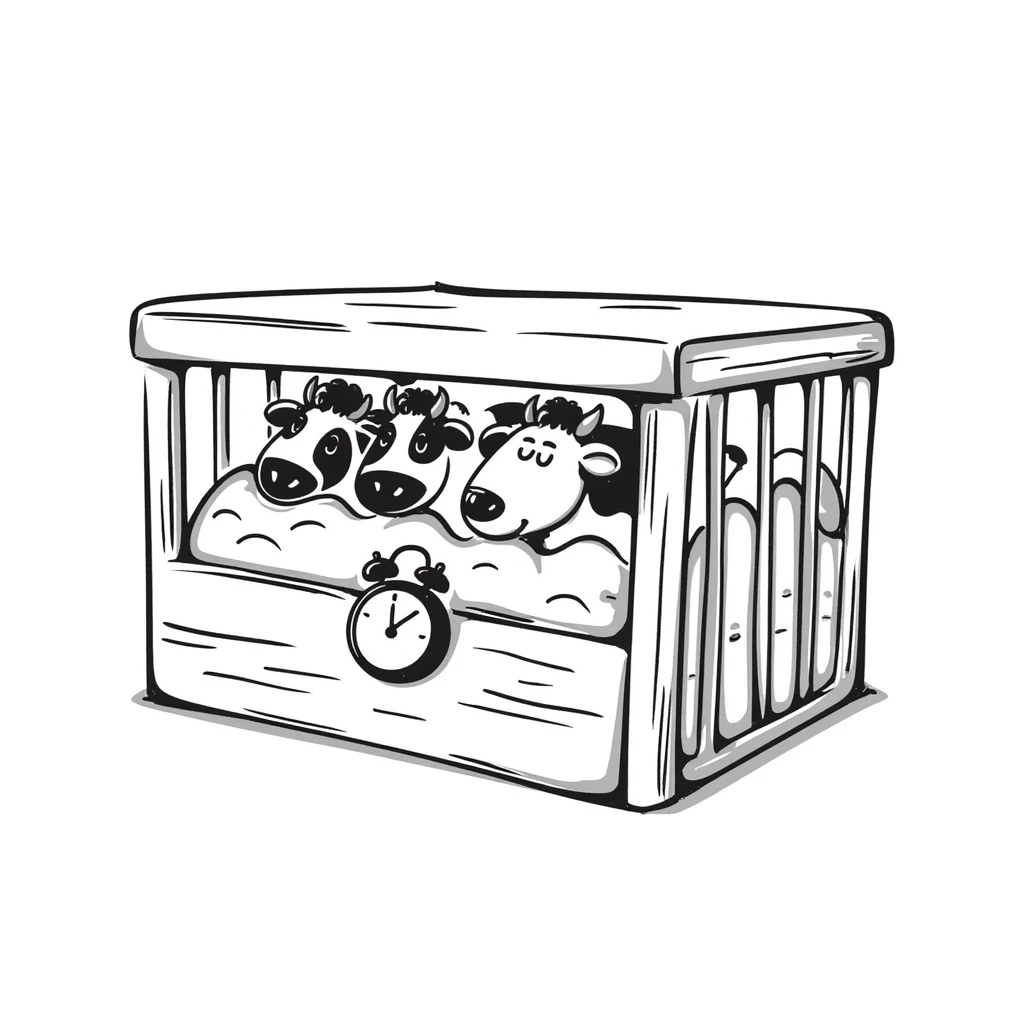 a straw-lined cage with calves inside and a small clock, hand drawn doodle style emoji