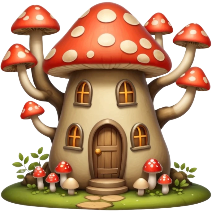 A whimsical style, mysterious yet very warm and beautiful mushroom house within tall skinny lush & bare trees emoji