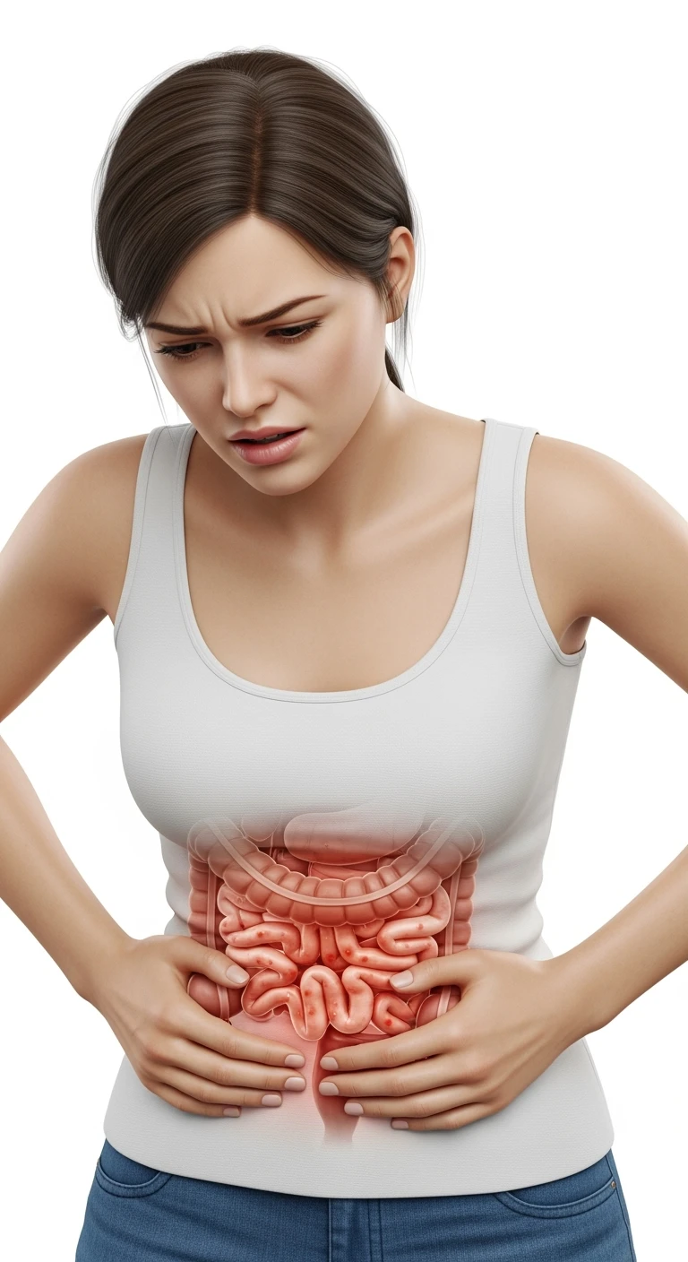 DONNA CON MAL DI PANCIA E INTESTINO UMANO ANATOMICO VISIBILE, IPERREALISTICO 4K, SFONDO BIANCO emoji
