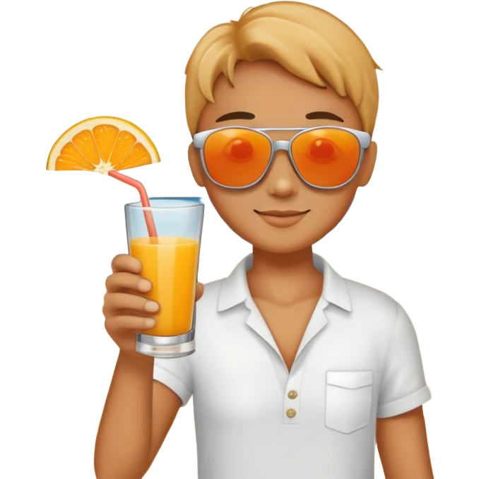 a hand holding fruit juice, wearing sunglasses, with a beach background emoji