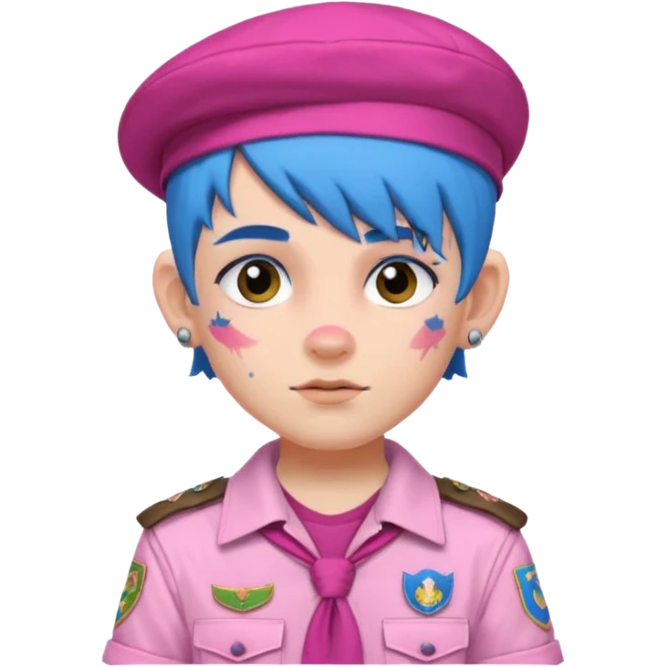 scout boy with very pink scout uniform, blue haired and hat, heavy face attoed emoji