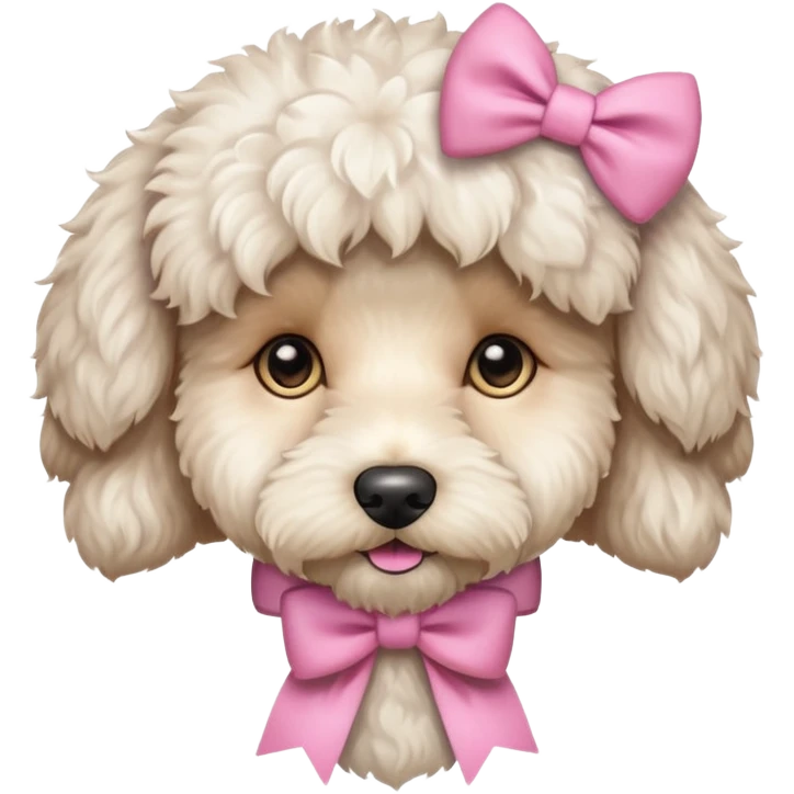 white fluffy labradoodle with light brown eyes and pink bow emoji