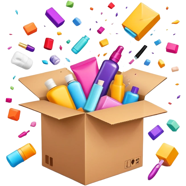 exploding cardboard box with beauty products flying out in a chaotic, disorganized way emoji