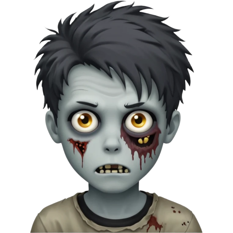 Zombie Boy with black large messy hair and teenager aparience, black background emoji