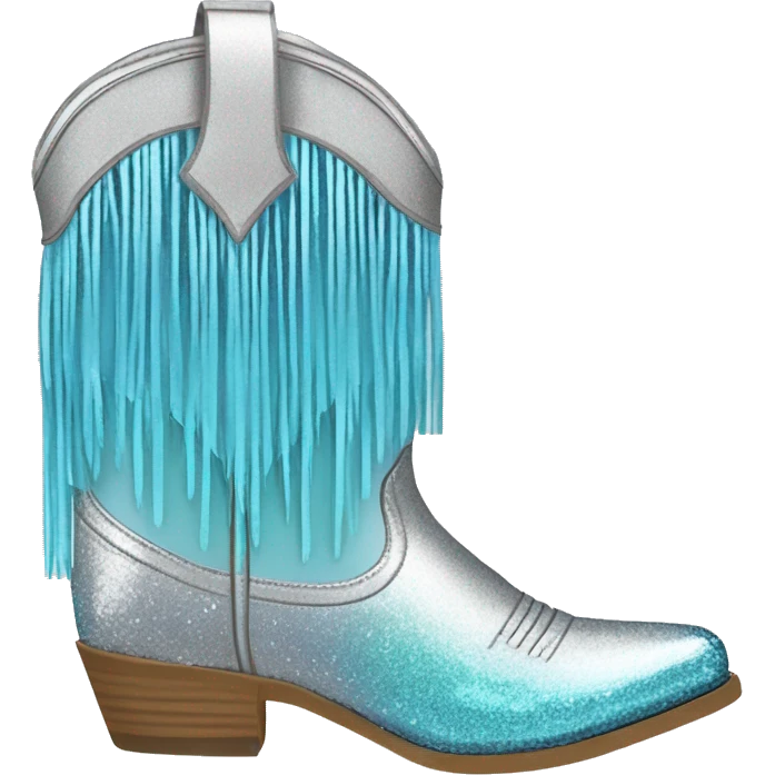 Realistic silver and pastel blue ombre pair of fashion cowgirl boots with sparkly shiny glitter fringe on them. emoji