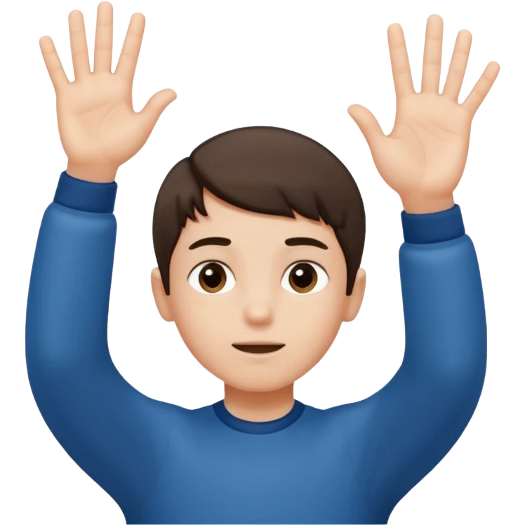A boy with both hands facing up saying 67 emoji