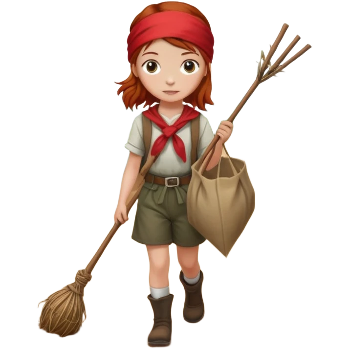 Bindle being carried by a young girl with red/auburn hair and the bindle is a long stick with a red bandana and she is walking on a dirt road emoji
