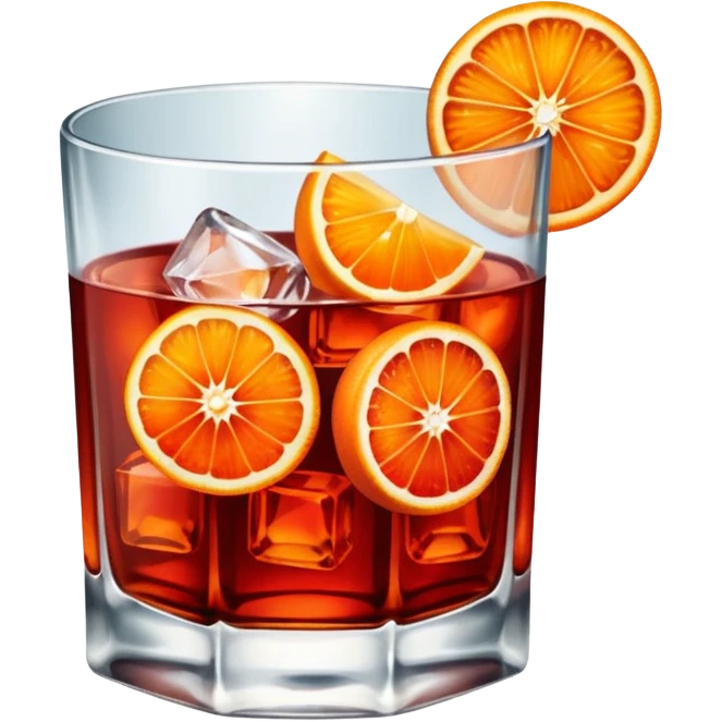 A short glass with bright red Negroni, ice cubes, and an orange wedge on top. emoji