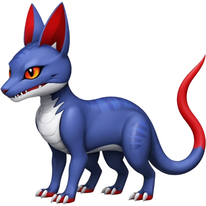 midnight blue-gray-black, with red markings, white belly, scaley Bastet-Noibat-Gatomon-Garchomp-Digimon-Fakémon-Pokémon-creature (full body) emoji