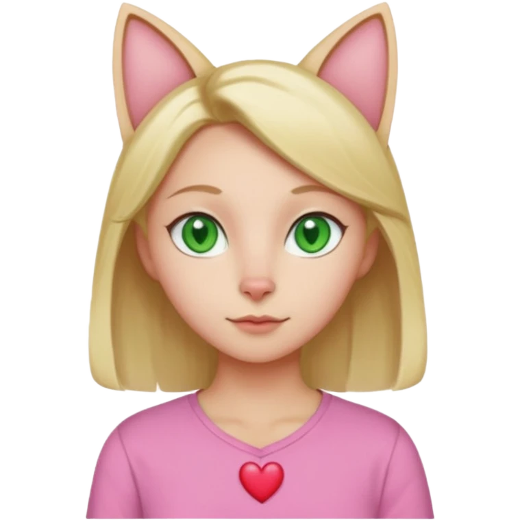 Squareded Ears Pink Skin Green Eyes Cat Shaped Pupils Heart Shaped Forehead Blonde Haired Pink Shirt  emoji