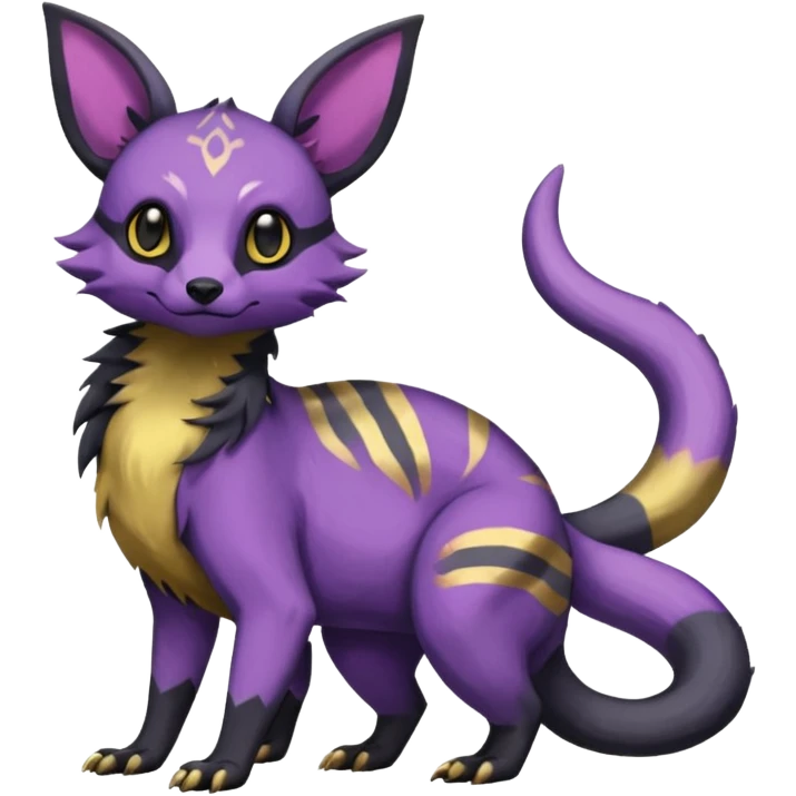 Rare exotic cute epic aesthetic gothic colorful Salandit-Eevee-Civet-species-Fakemon-hybrid-creature, with markings, full body emoji