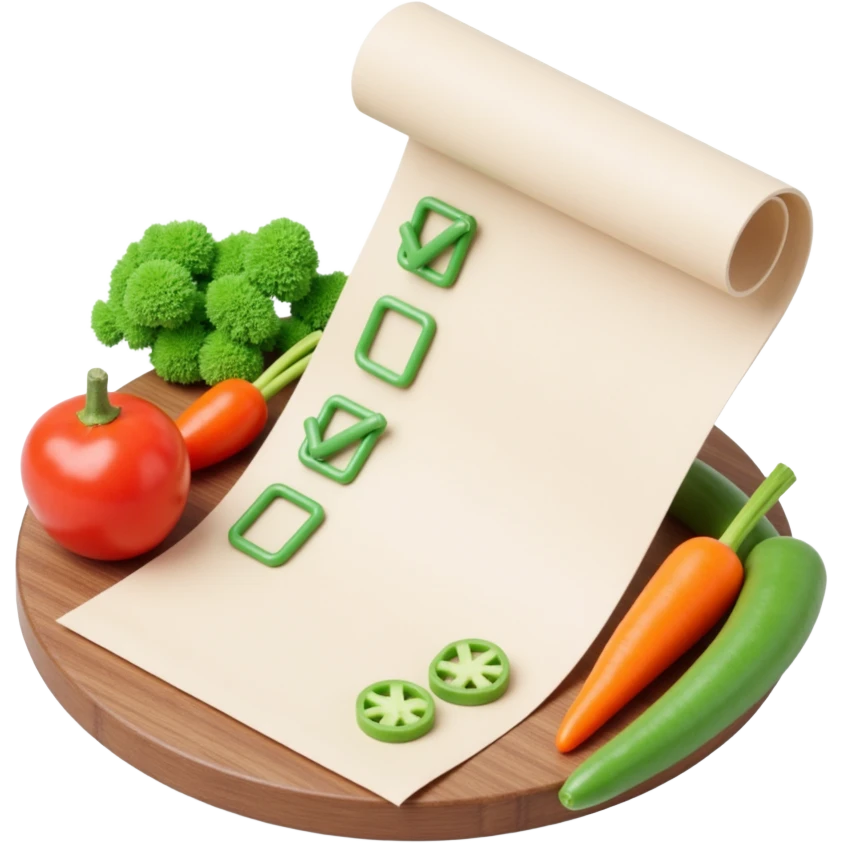 floating rolled paper list with green checkboxes and around vegetables emoji