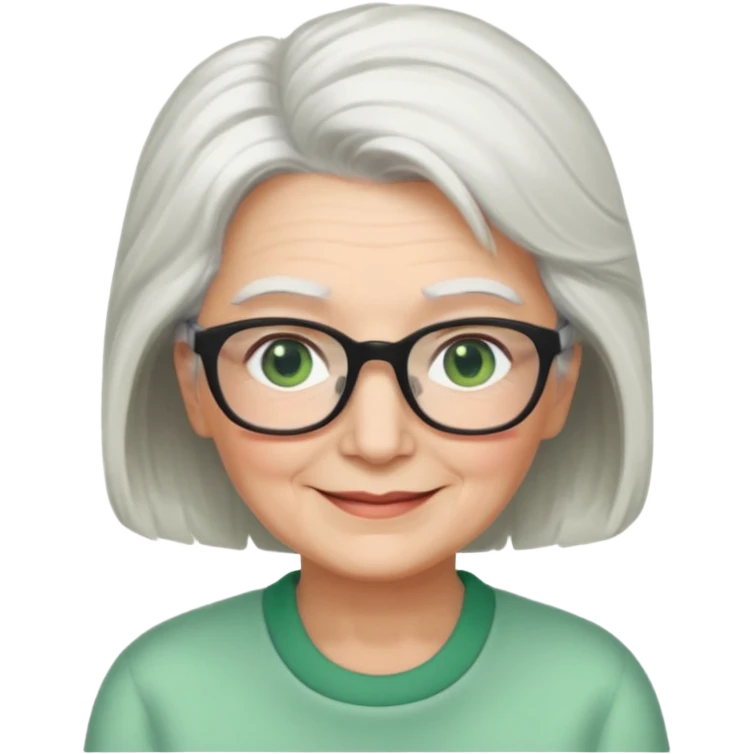 White hair grandma, green eyes, hair to shoulder, lokeg black glasses, rectangles face, smile , emoji